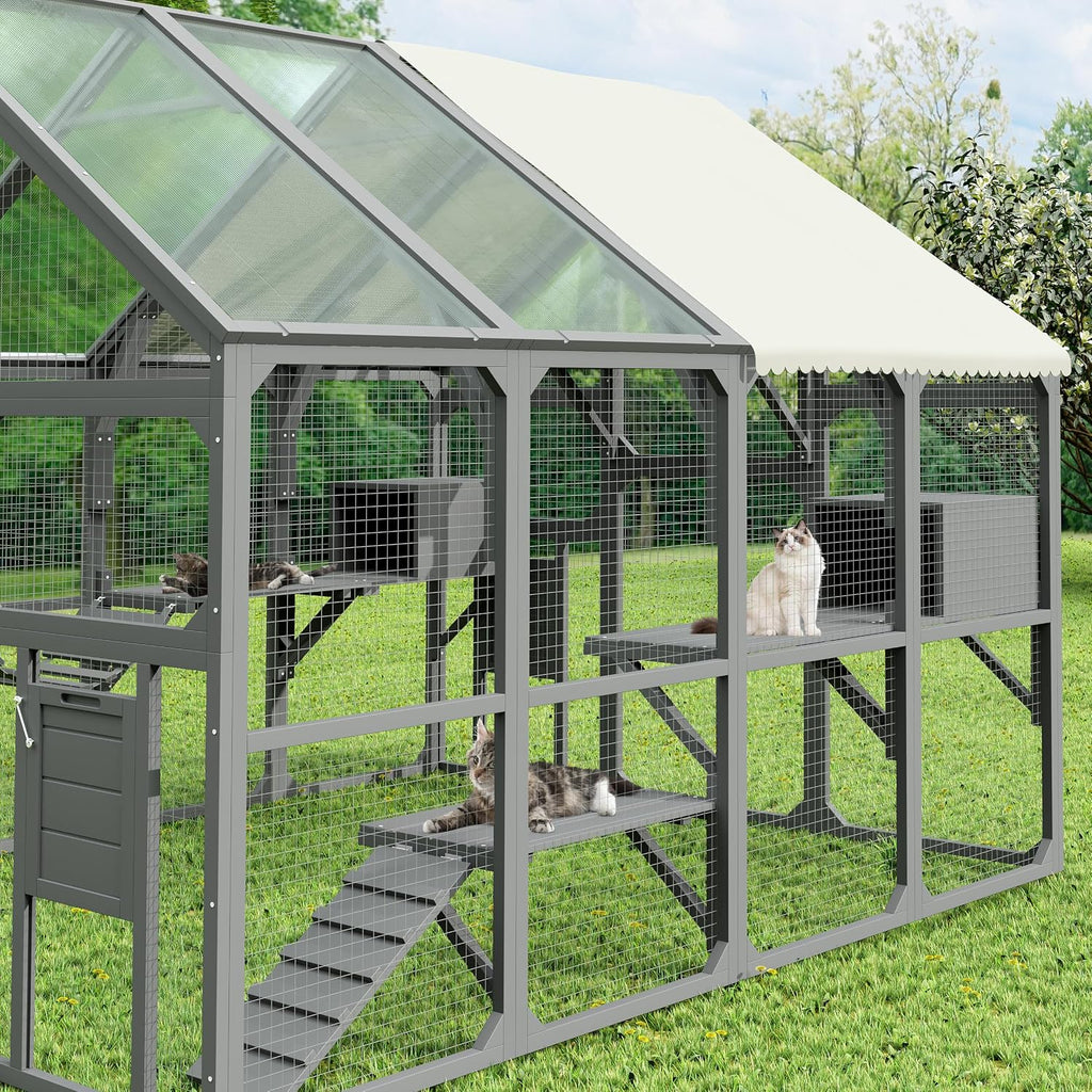 Extra Large Catio Outdoor Cat Enclosure for Multiple Cats, Walk-in Wooden Catio with 7 Platforms, 2 Resting Boxes