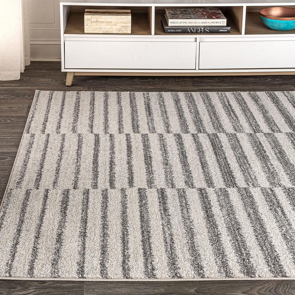 Lyla Offset Stripe Gray/Cream Indoor Area Rug, Contemporary, Modern, Easy-Cleaning, Pet Friendly, Non-Shedding