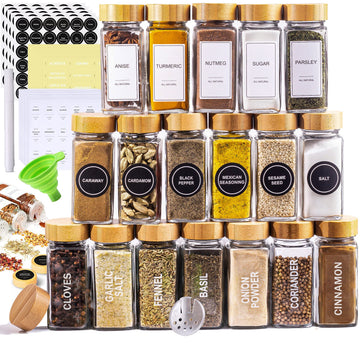 Glass Spice Jars with Label Set, Bamboo Lids & Funnel - Kitchen Airtight Storage Jars with Lids - Spices and
