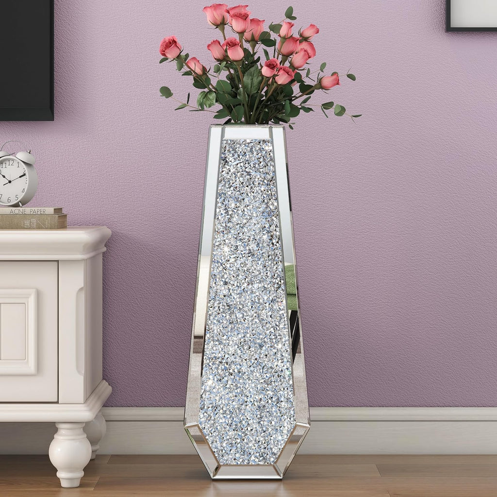 30" Floor Vase Crushed Diamond Mirrored Vase Silver Tall Vases for Floor, Large Crystal Glass Decorative Floor Vases