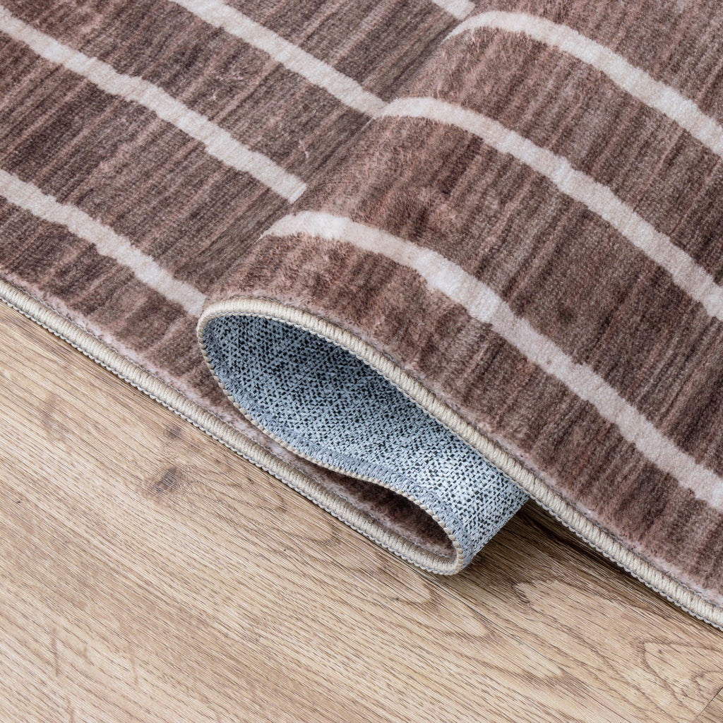 Washable Orton Distressed Ticking Stripe Machine-Washable Polyester Area Rug, Brown and Cream, Farmhouse