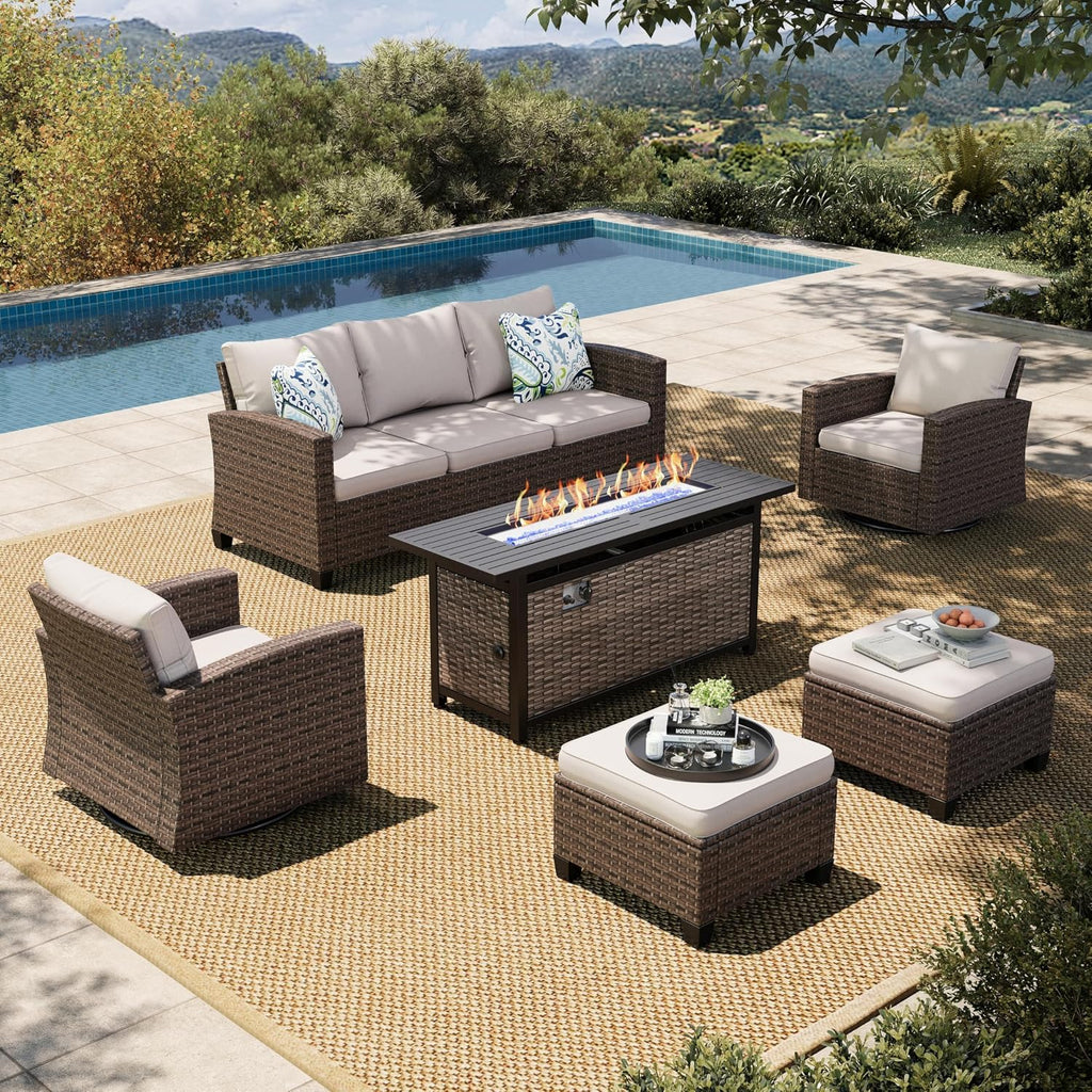 Swivel Glide Patio Furniture Set with Fire Pit Table Wicker | Outdoor 6 Pieces Sectional Conversation Sofa Sets for