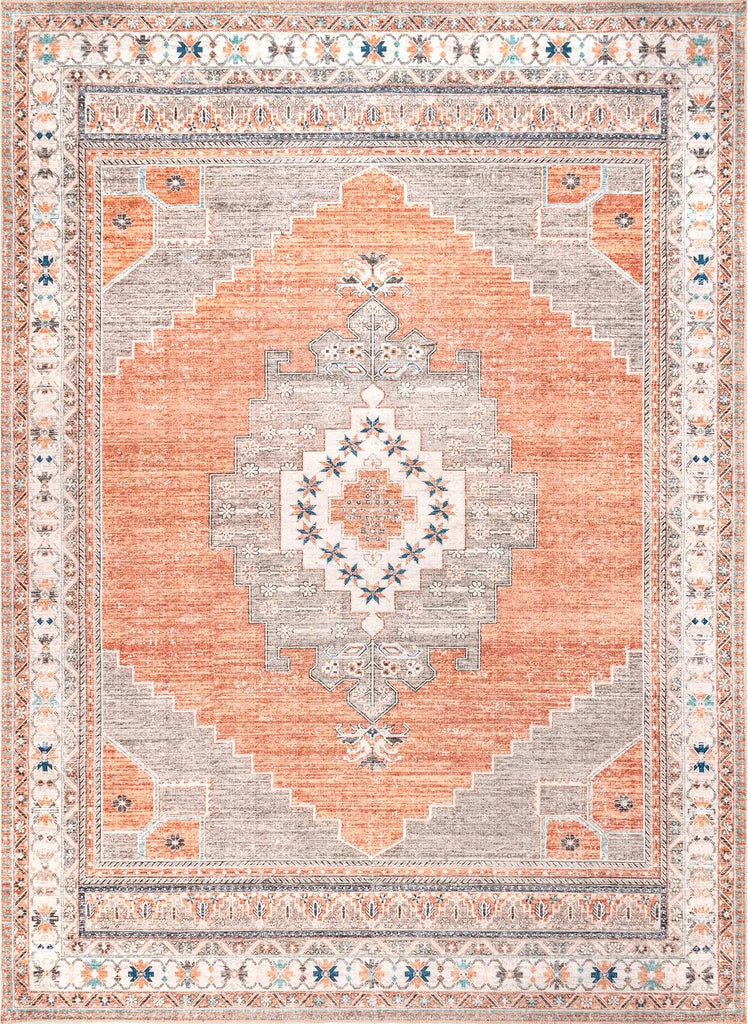 Alicia Machine Washable Medallion Area Rug, Rust, Rectangular, 0.15" Thick
