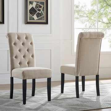 Solid Wood Tufted Parsons Dining Chairs, Set of 2, Tan