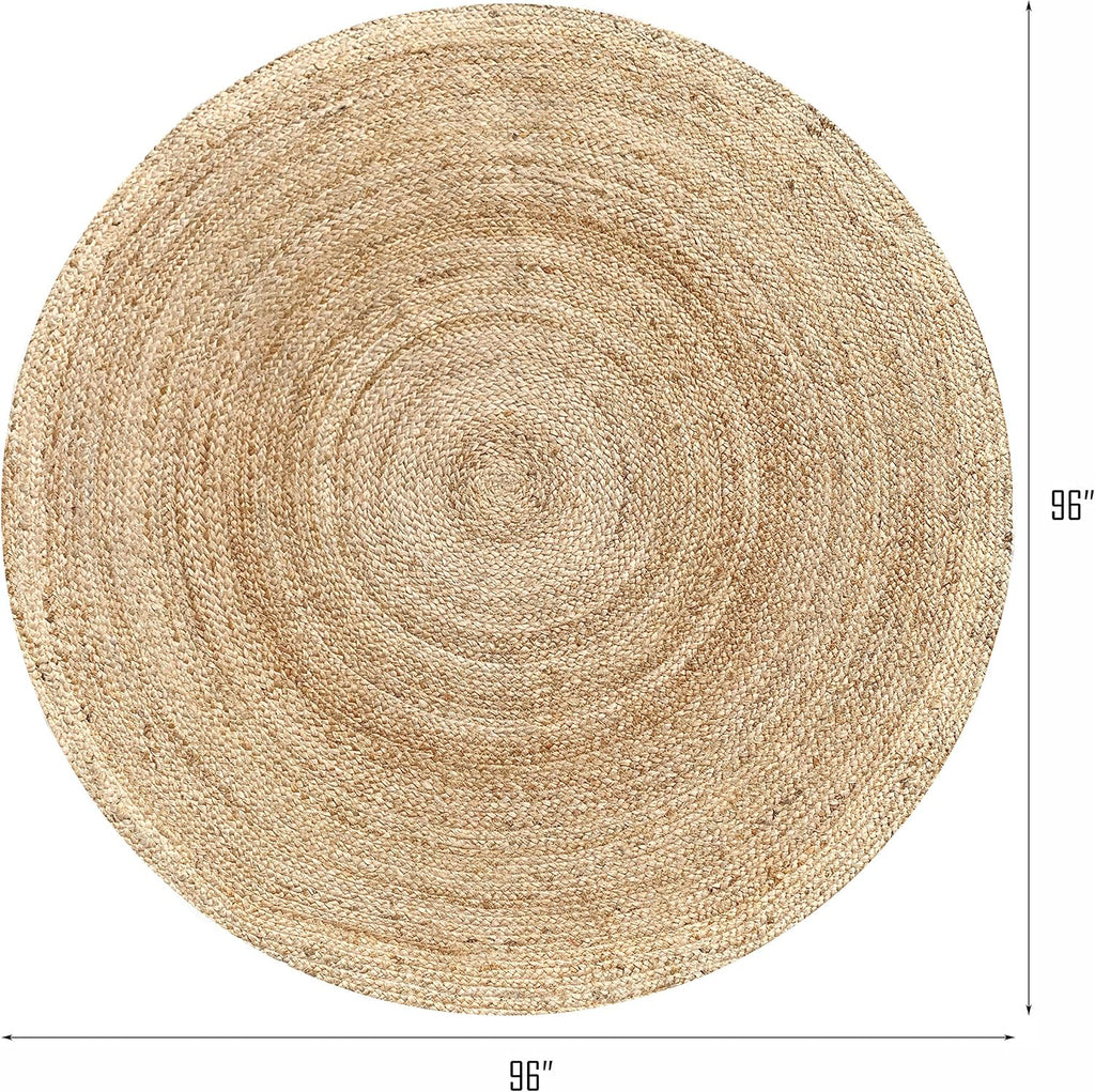 Jute Braided Round Area Rug, Natural, 8 ft | 100% natural jute, hand woven, reversible, boho farmhouse style