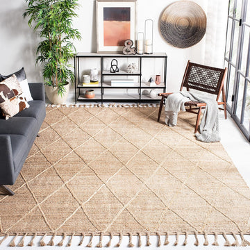 Natural Fiber Collection Accent Rug, Natural, Farmhouse Rustic Moroccan Trellis Braided Tassel Jute Design