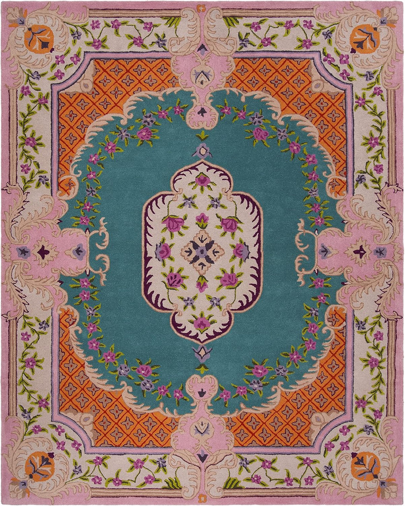 Area Rug 8x10 - Bellagio - Large - Blue & Pink, Handmade Wool, Medallion Design