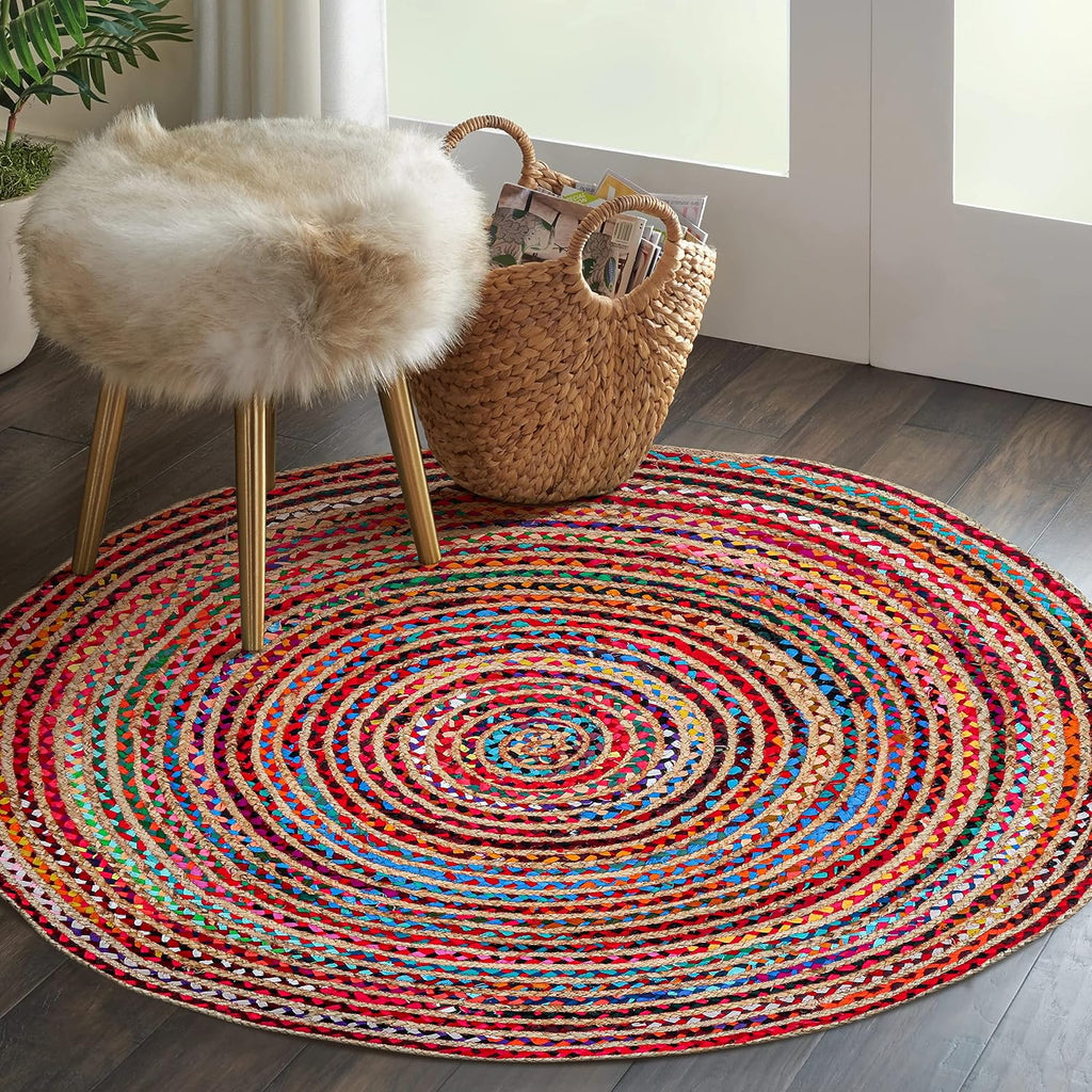 5' Round Handwoven Jute Chindi Area Rug - Colorful Round Boho Rugs | Rugs - Hand Braided Multicolor Bohemian Rug for