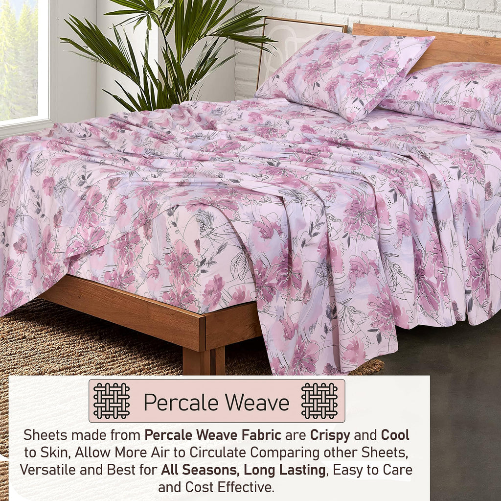 100% Cotton Split King Sheets, Percale Sheet Set, Lilac Floral