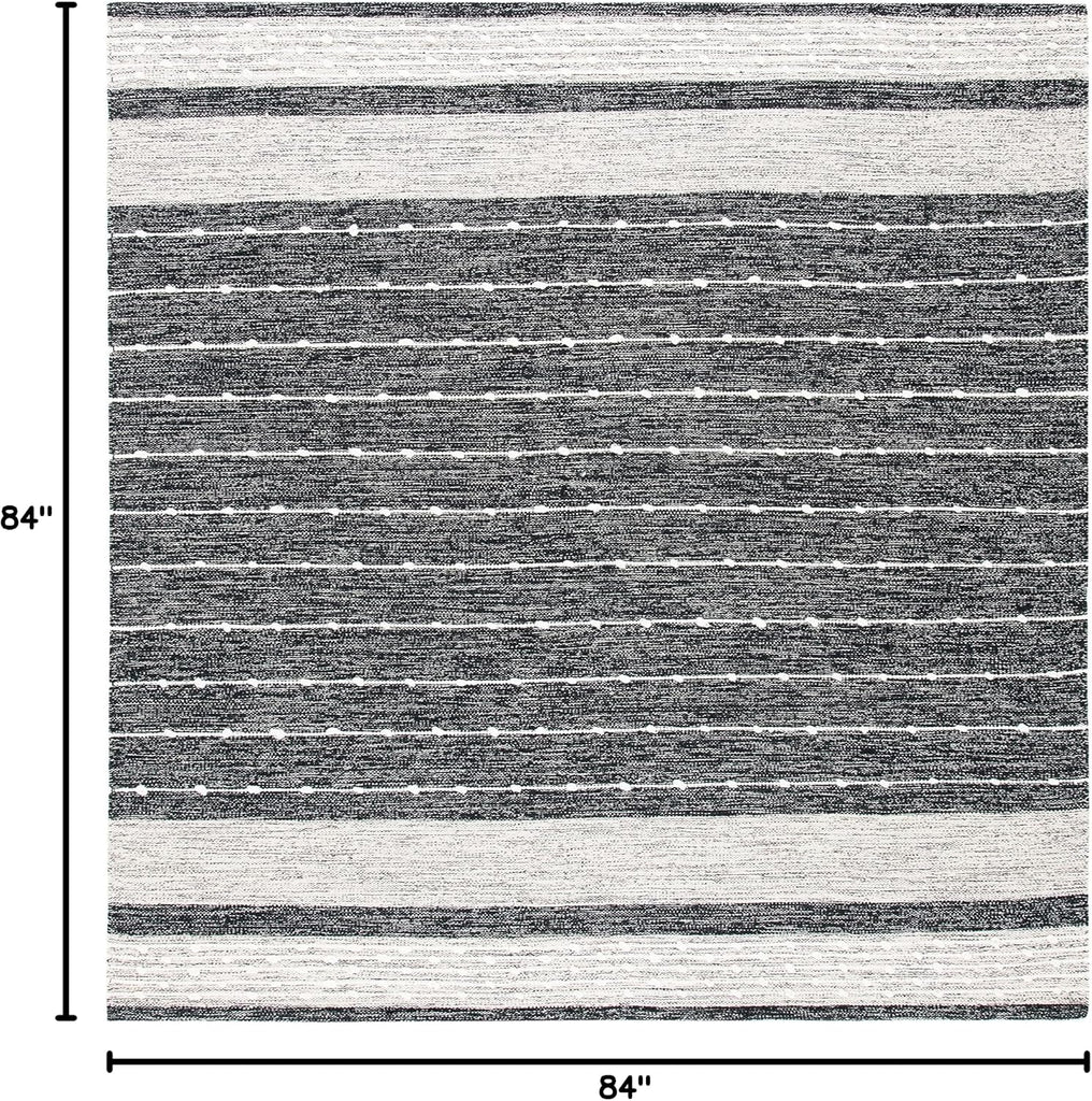 Striped Kilim Collection Area Rug - 7' Square, Black & Ivory, Handmade Stripe Cotton, Ideal for High Traffic Areas