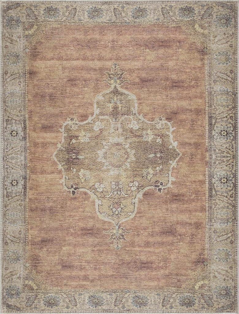 Powhatan Machine Washable Area Rug - Medallion Floral Border Distressed Faded - Traditional Oriental Transitional