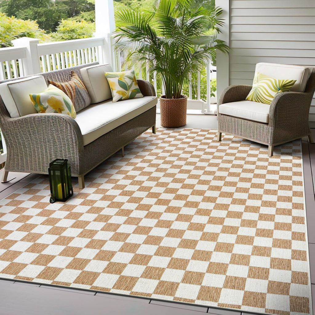 Indoor/Outdoor Checkered Weather Resistant Area Rug Natural