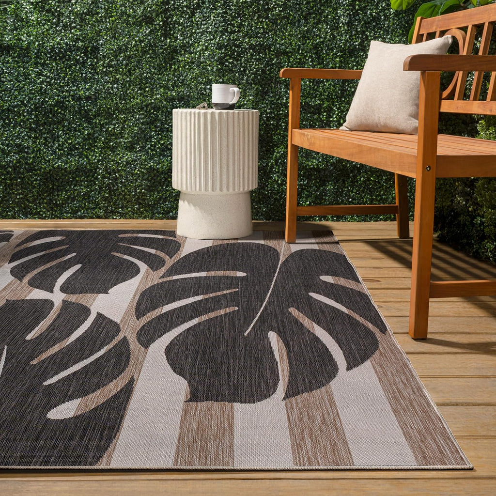Beach Stripe and Monstera Leaf Indoor Outdoor Area Rug Black/Beige, Allison Classic for Backyard, Patio, Porch