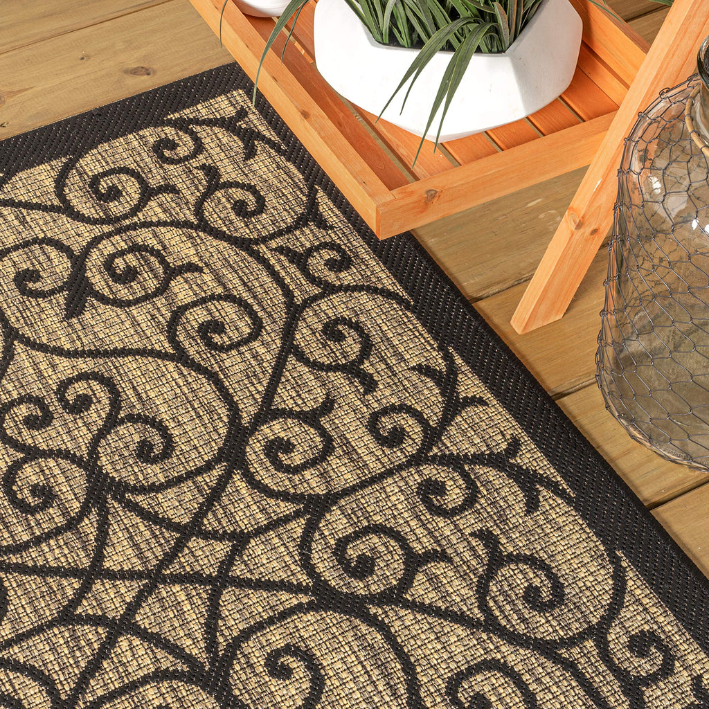 Vintage Filigree Indoor Outdoor Runner Rug Black/Khaki, Madrid Textured Weave for Backyard, Patio, Porch