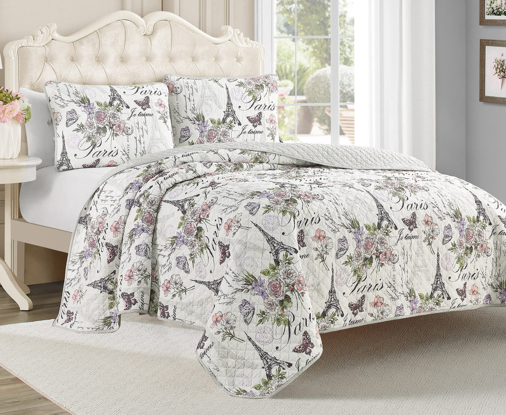 Resort Paris Floral, Pre-Washed, 3-Piece Reversible, Featuring, Eiffel Towers, Roses, Botanical Leaves, Postcards