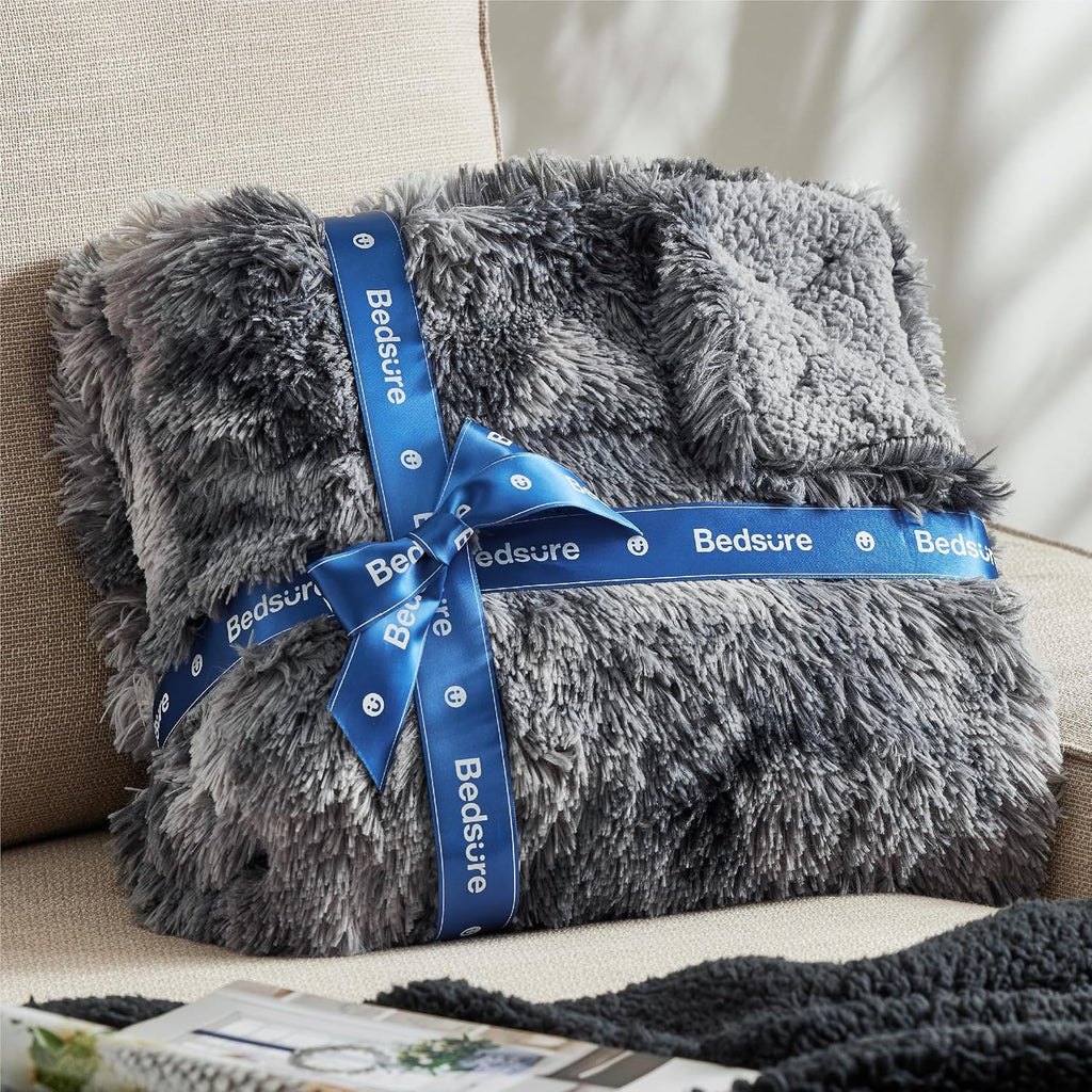 Faux Fur Fluffy Sherpa Fleece King Bed Blanket Grey 108"x90" | Fuzzy Plush, Thick Warm, Fall, Comfort Cozy Soft Home