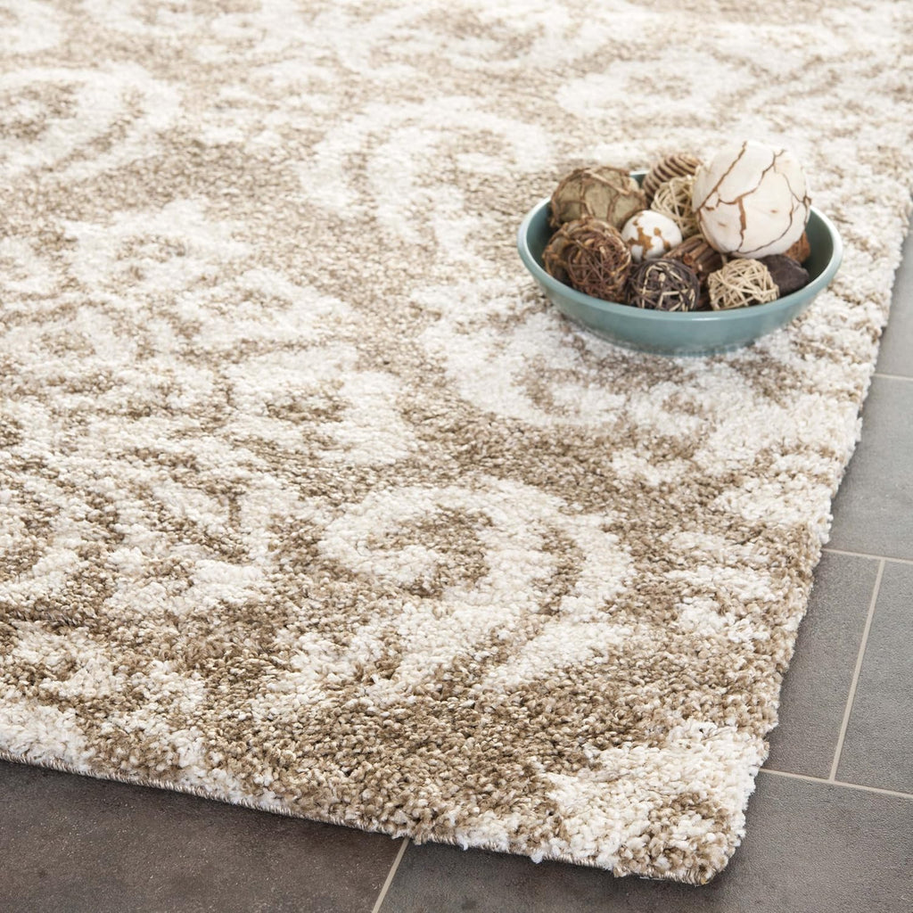 Florida Shag Collection Area Rug - 6'7" Square, Beige & Cream, Damask Design, Non-Shedding & Easy Care, 1.2-inch