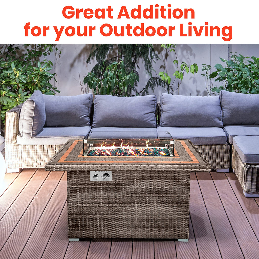 Outdoor Propane Fire Pit Table- 50, 000 BTU Auto-Ignition Gas Fire Pit w/Glass Wind Guard, Mosaic Tabletop with