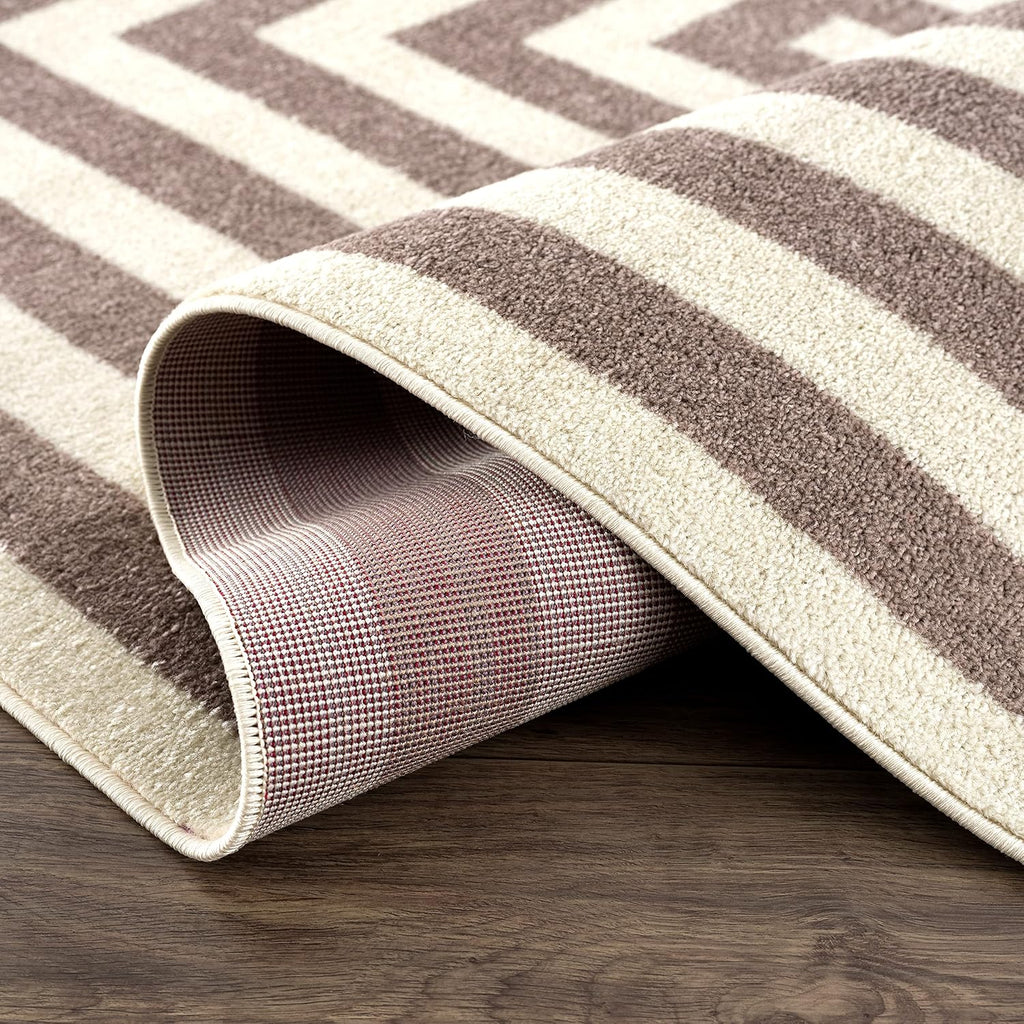 Contemporary Beige & Ivory Area Rug, Contrasting Geometric Modern Stripe Symmetrical Living Room