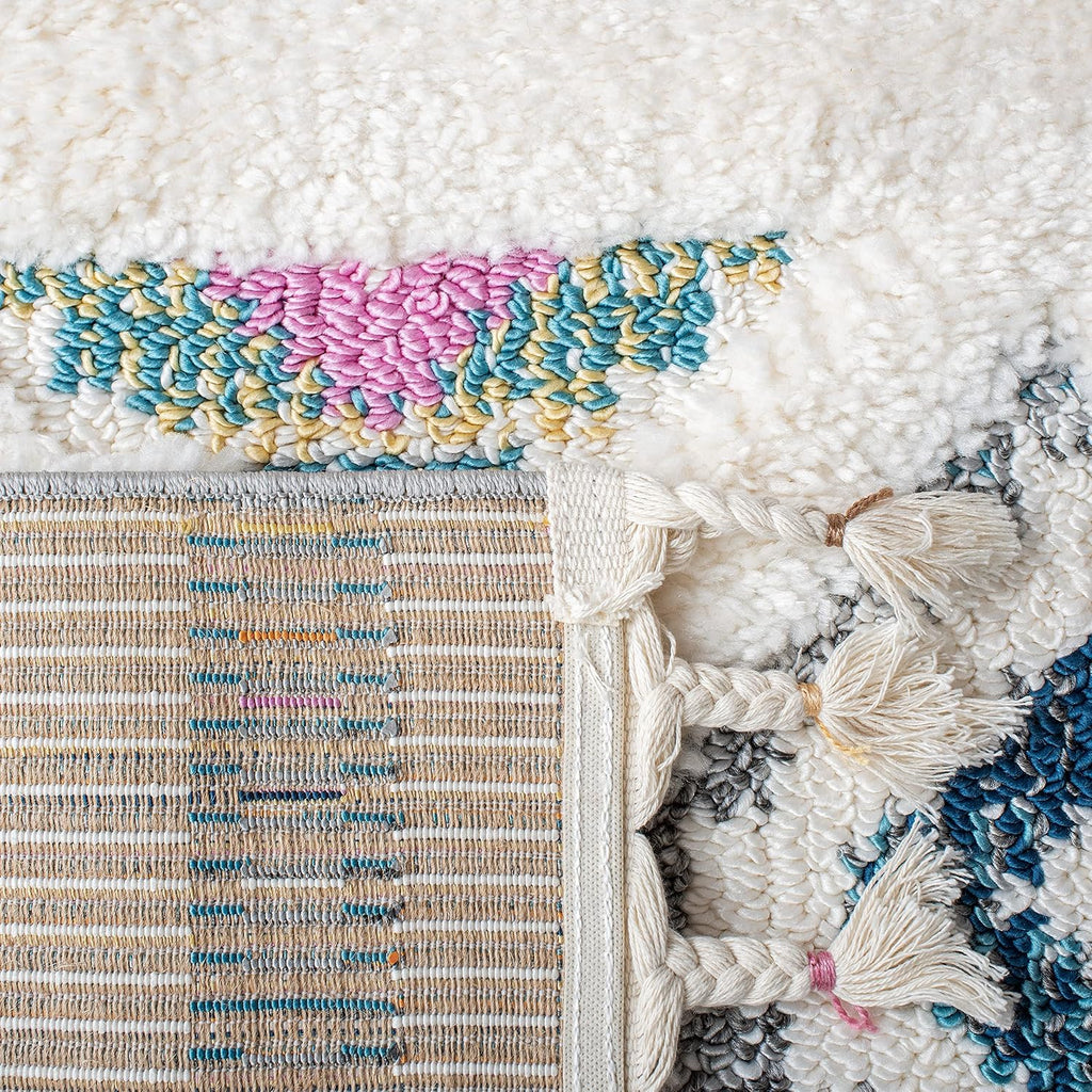 Moroccan Fringe Shag Collection Runner Rug - 2'2" x 8', Ivory & Navy, Boho Design, Non-Shedding & Easy Care, 1.2-inch