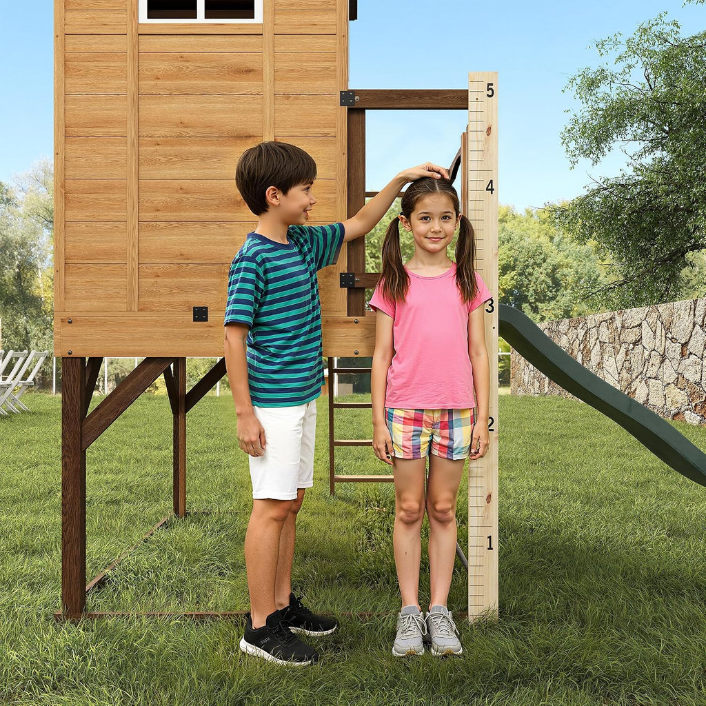 9-in-1 Outdoor Playhouse with Slide & Sandbox - Natural Fir Playset for Kids Ages 3-10, Includes Play Kitchen, Growth