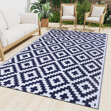 Outdoor Rug 10x14 ft Waterproof Reversible Boho Mat, White & Navy