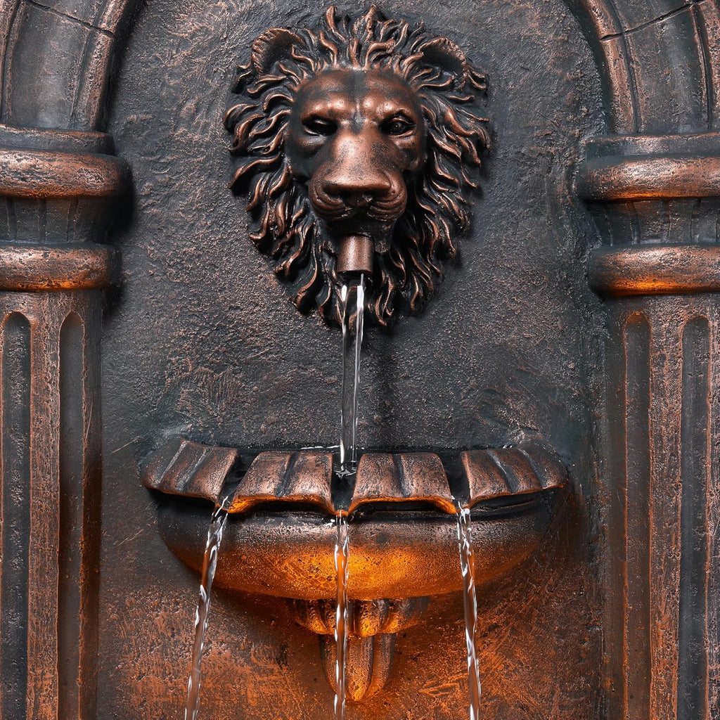 32.1 in. Wall-Mounted Lion Head Stone LED Outdoor Water Fountain for Gardens, Landscaping, Patios, Balconies