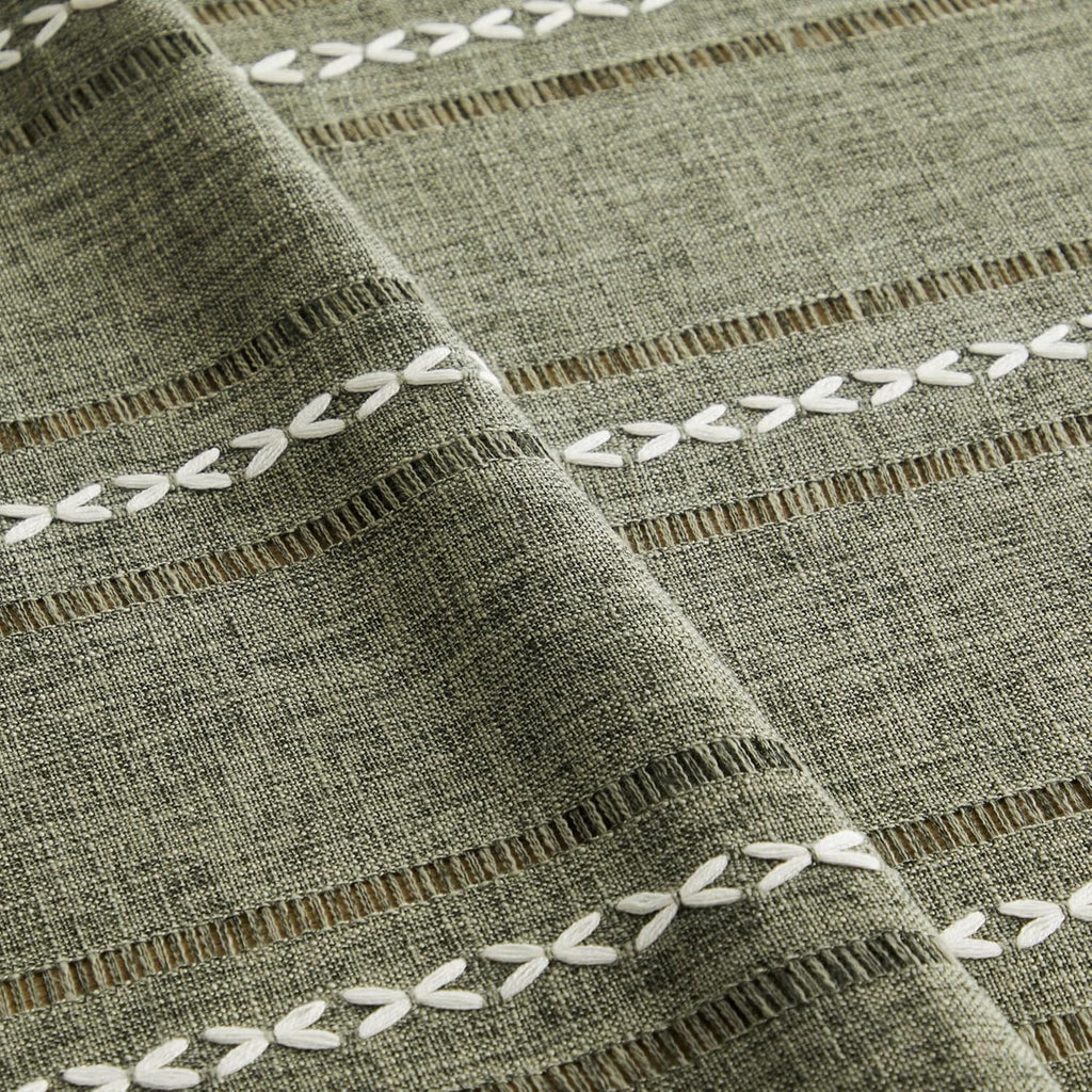 Hemstitched Embroidery Striped Boho Tablecloth 54x70 Inch Olive, Heavy Weight Farmhouse Burlap Linen
