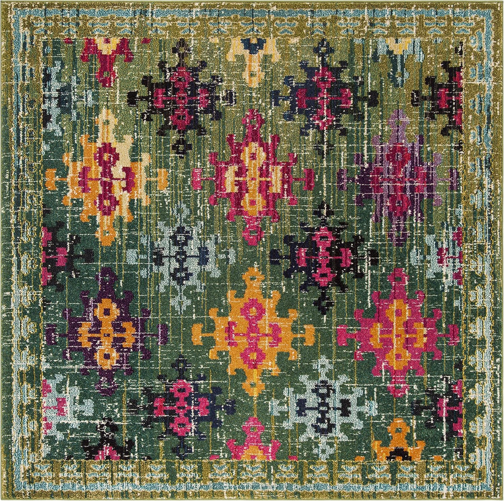 Monaco Collection Area Rug - 6'7" Square, Green & Multi, Boho Diamond Trellis Design, Non-Shedding & Easy Care, Ideal