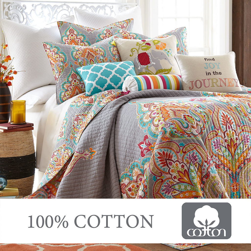 Marielle Grey Twin Cotton Quilt Set, Grey, Damask