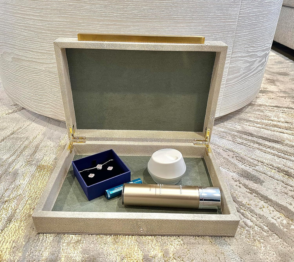 Kingflux Ivory Shagreen Decorative Box For Keepsake And Memory, Faux Leather Storage Box Jewelry Organizer Wooden