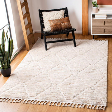 Marrakesh Collection Area Rug - 4' Square, Beige, Moroccan Trellis Design with Tassel Detail, Non-Shedding & Easy to