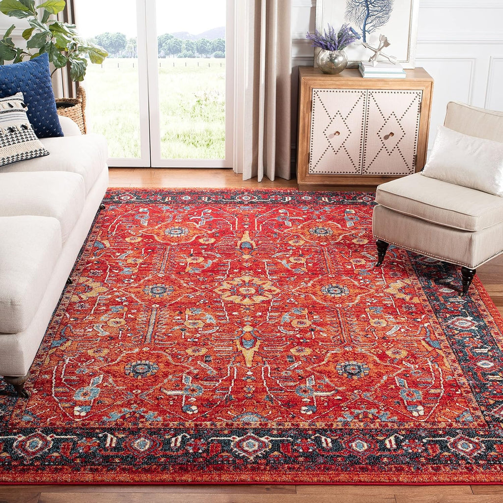 Vintage Hamadan Area Rug - 9' x 12', Orange & Navy, Oriental Traditional Persian Design, Non-Shedding & Easy Care