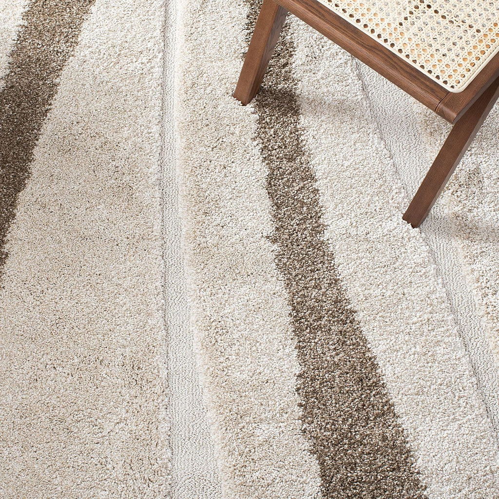 Florida Shag Collection Area Rug - 5' Square, Cream & Dark Brown, Stripe Design, Non-Shedding & Easy Care, 1.2-inch