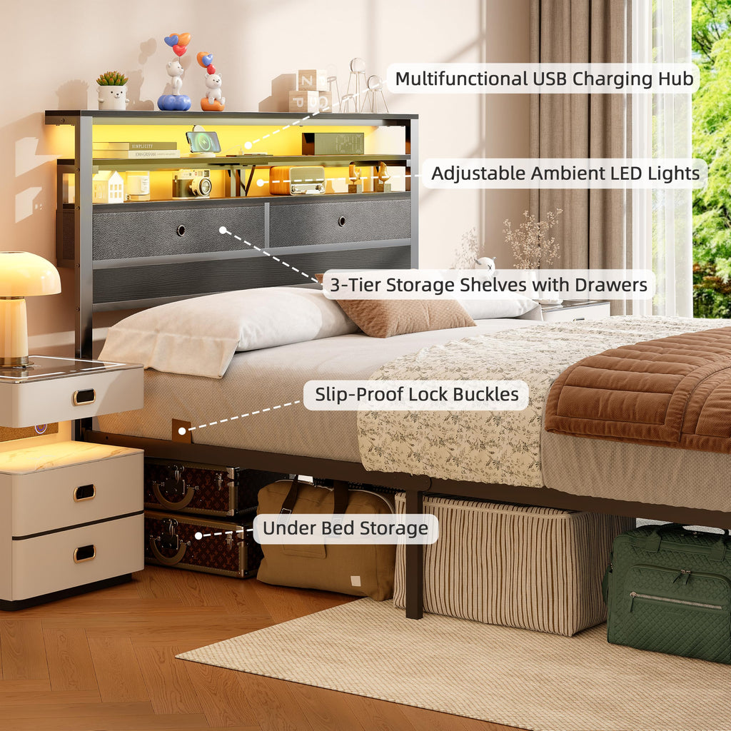Full Size Bed Frame with Headboard & 2 Fabric Drawers, Black Oak