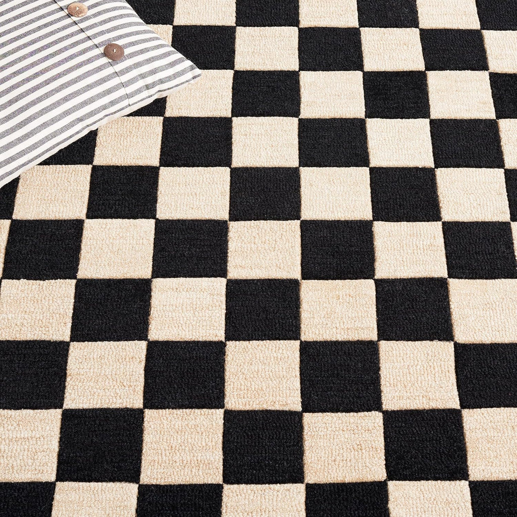 X Area Rug Collection - 6' Square, Black & Beige, Handmade Wool, Checkered Pattern, Ideal, Dining Space (MSR4760Z)