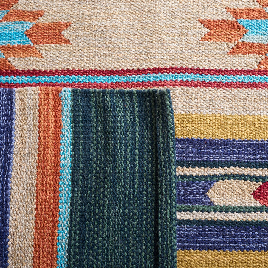 Area Rug - Cotton Kilim Collection - Large - Blue & Ivory, Handmade Cotton, Southwestern Boho Tribal Design