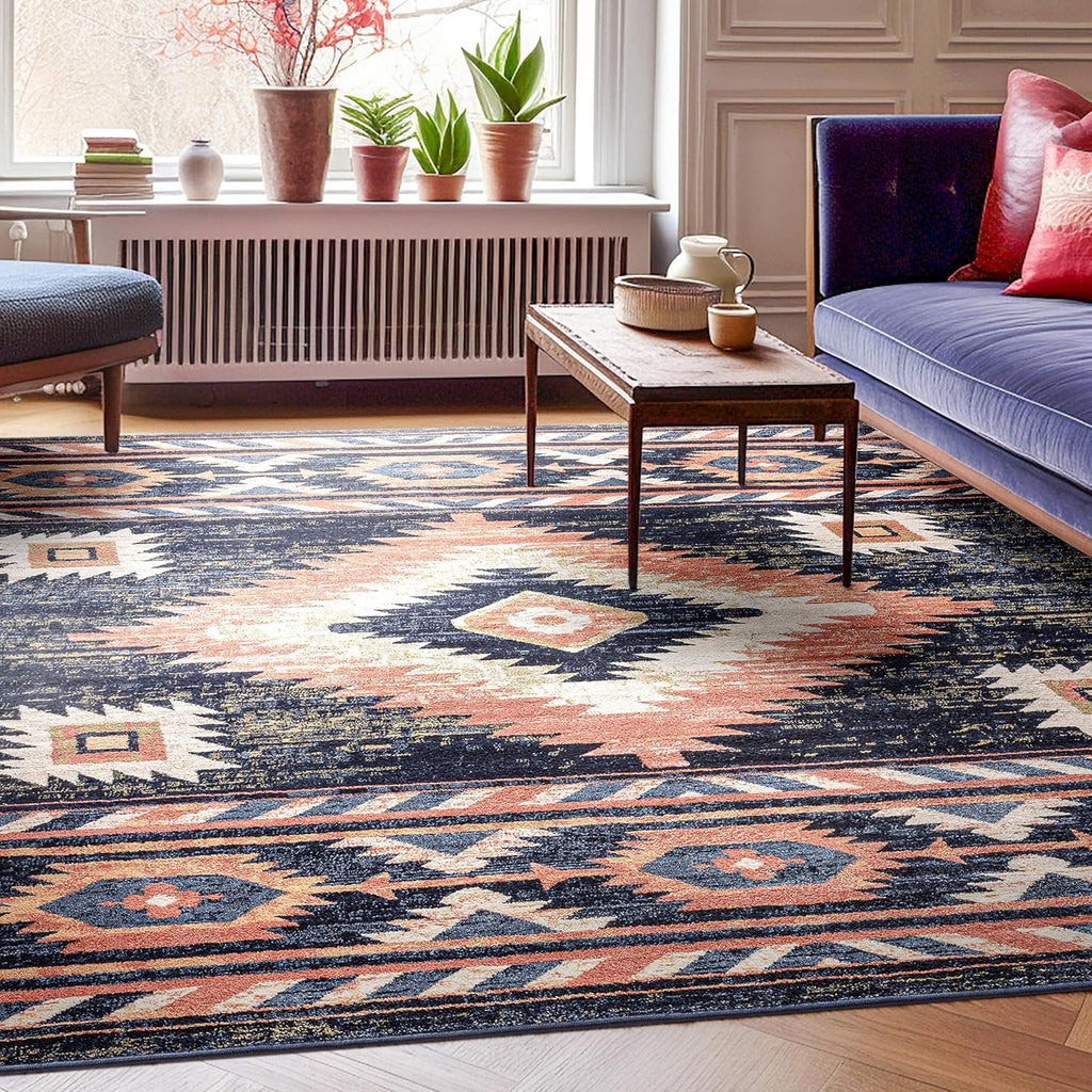 Lizette Dark Blue Traditional Medallion Area Rug