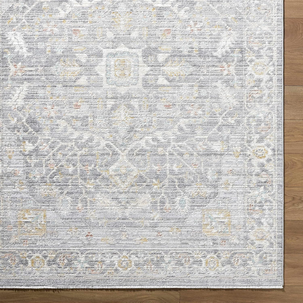 Flavia Machine Washable Area Rug - Medallion Floral Border Distressed Geometric - Traditional Oriental Transitional