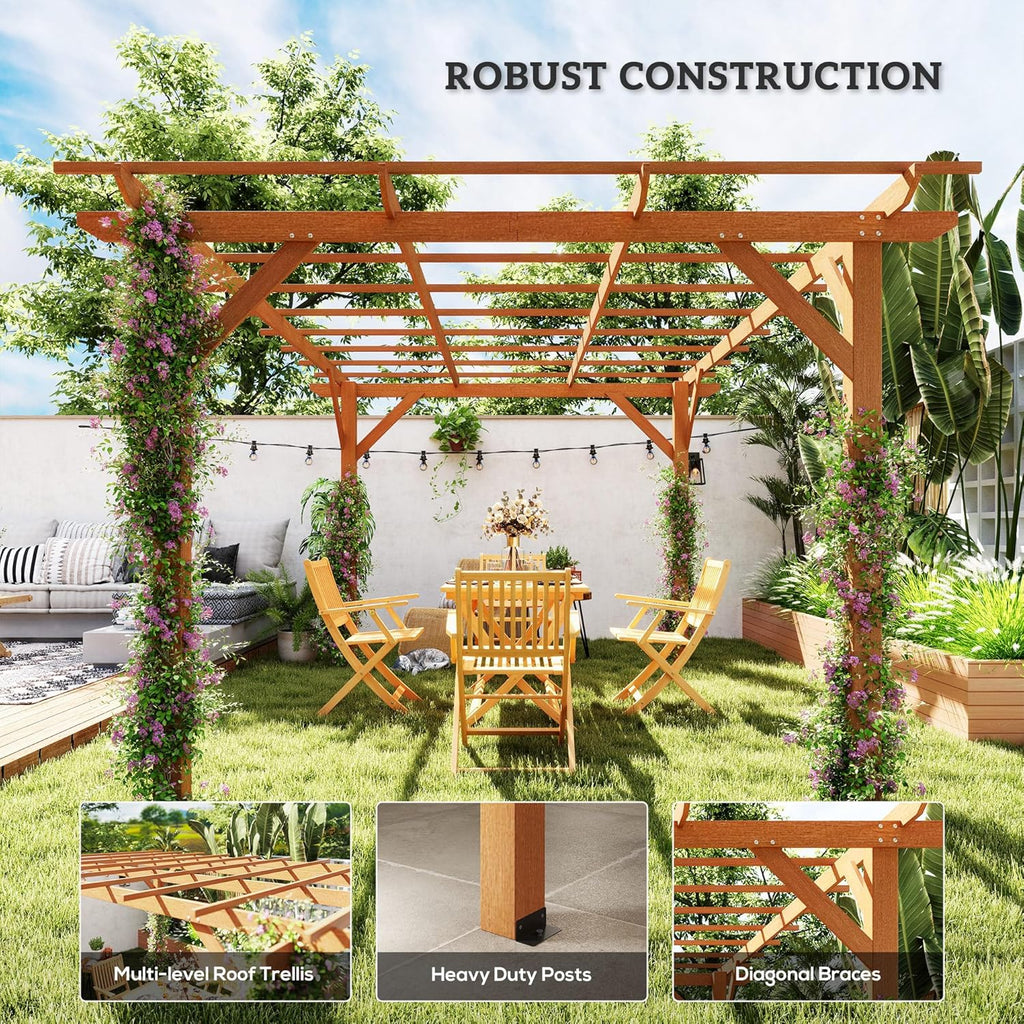 10' x 13' Outdoor Pergola, Wood Gazebo Grape Trellis with Stable Structure and Concrete Anchors for Climbing Plant