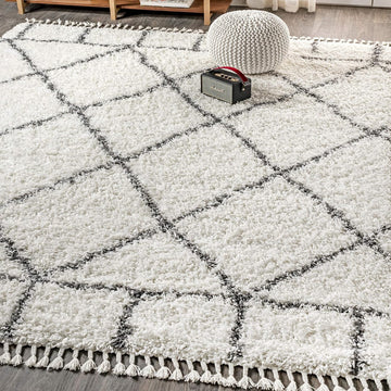 Mercer Shag Plush Tassel Ivory/Gray Indoor Area Rug, 3x5, Moroccan Geometric Trellis, Easy-Cleaning