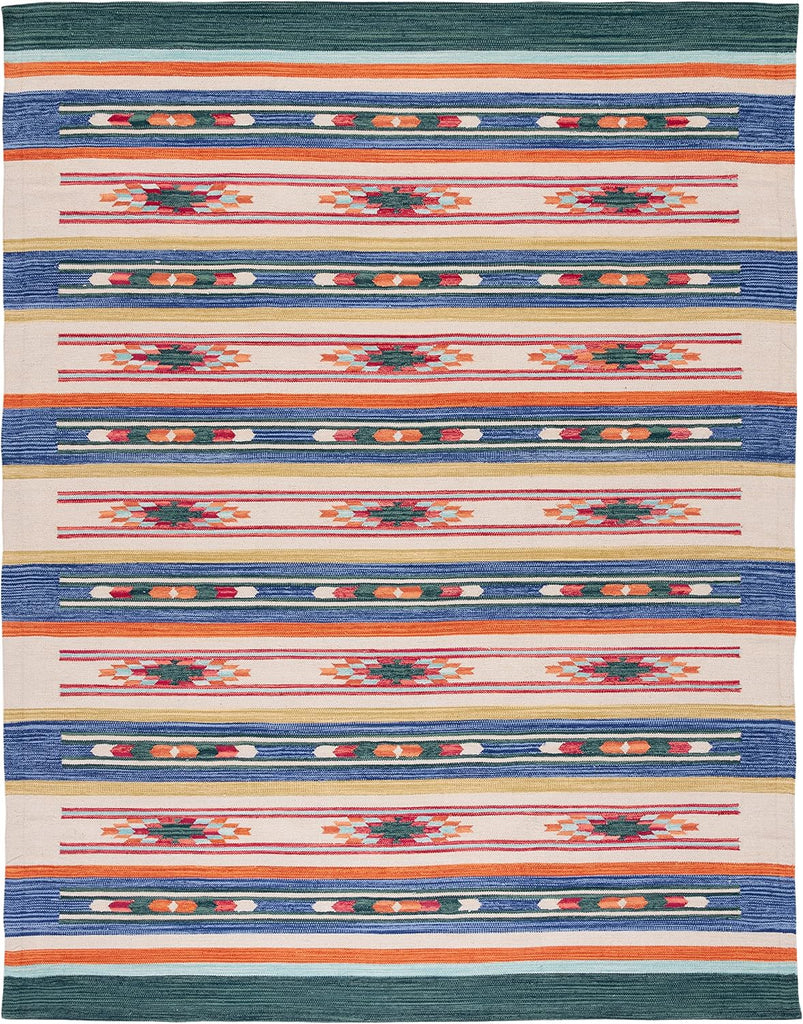 Area Rug - Cotton Kilim Collection - Large - Blue & Ivory, Handmade Cotton, Southwestern Boho Tribal Design