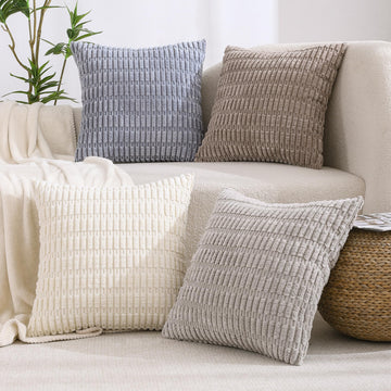 Decorative Throw Pillow Covers Set of 4 24x24 Neutral Winter Farmhouse Rustic Boho Home Decor Soft Plush Striped