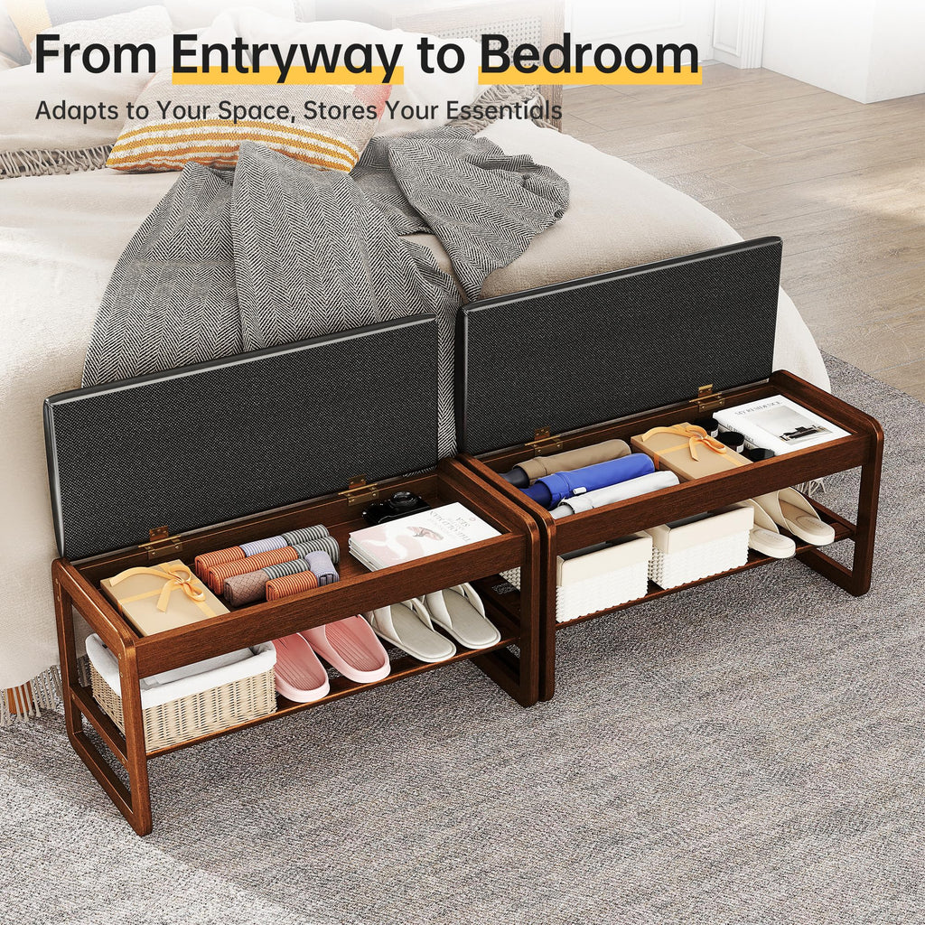 Shoe Rack Bench with Flip-Top Storage, Solid Rubberwood 2-Tier Shoe Organizer with Cushion, Wooden Shoe Stand