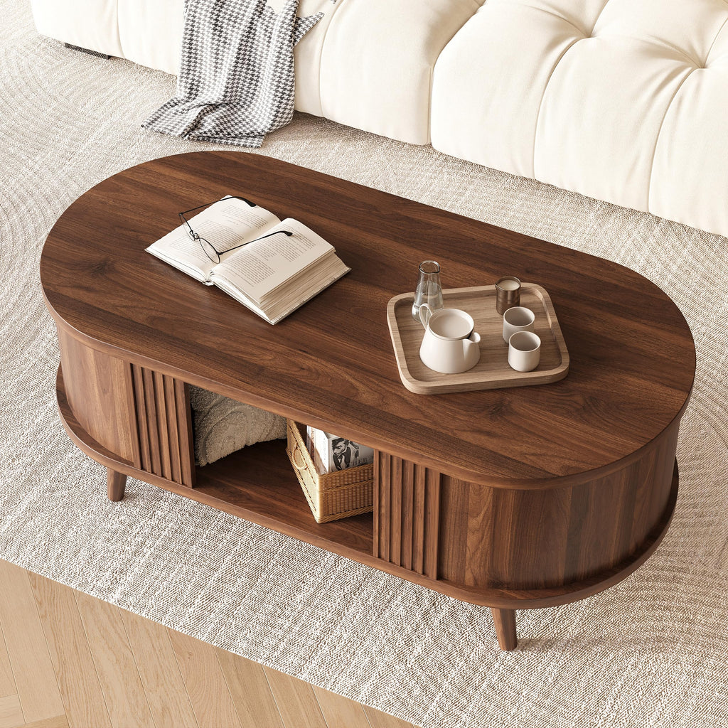47.2" Oval Fluted Coffee Table with Storage, Fluted Mid-Century, Walnut