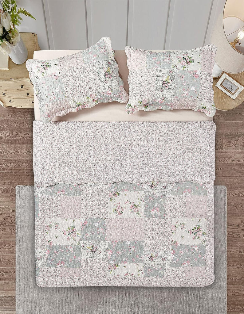 Rose and Sage Quilt Set, 3-Piece Bedding Sets, Traditional Patchwork Design, Washable and Reversible Bedspread, Soft