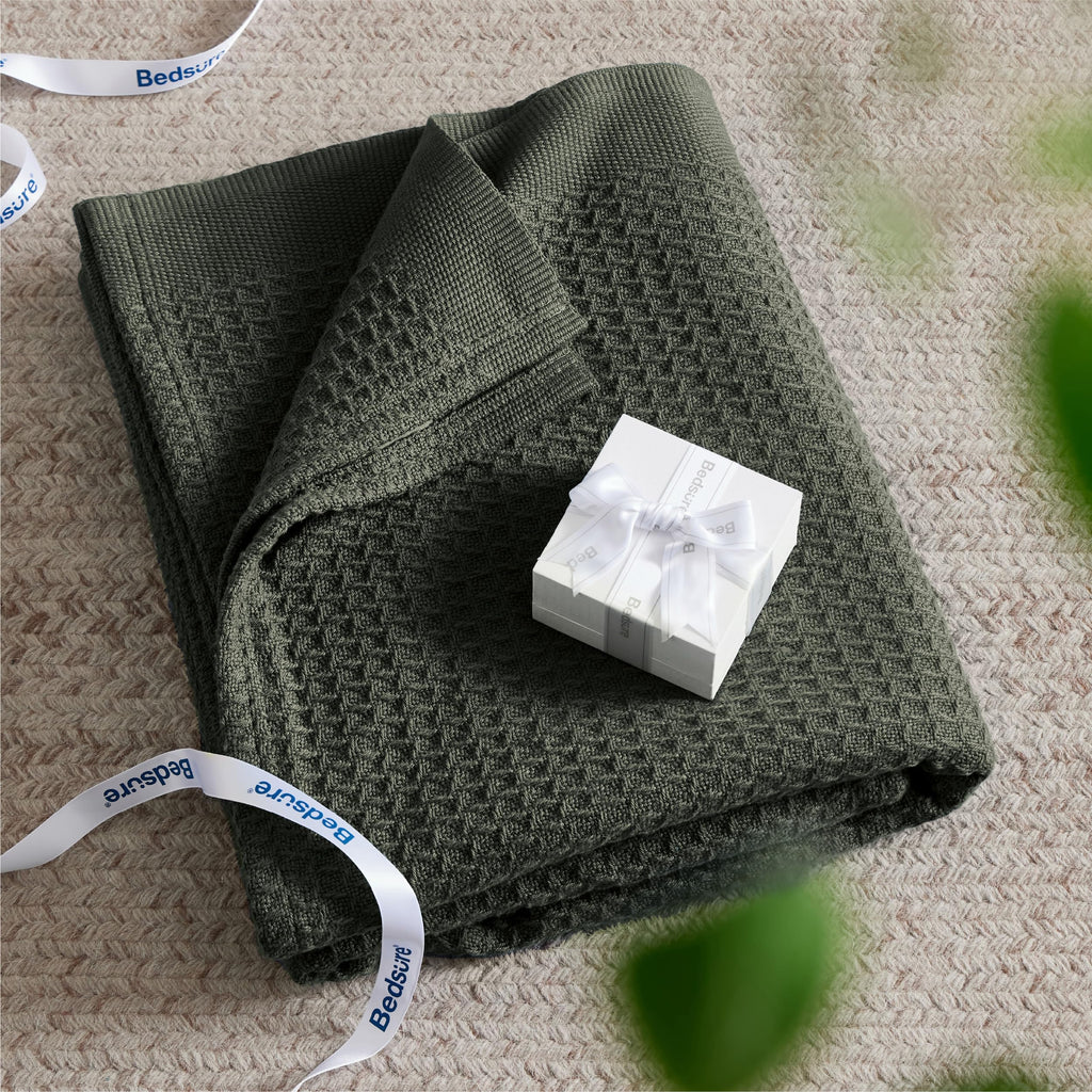 100% Cotton Blanket, Waffle Weave, Queen Size, Olive Green, 90"x90"