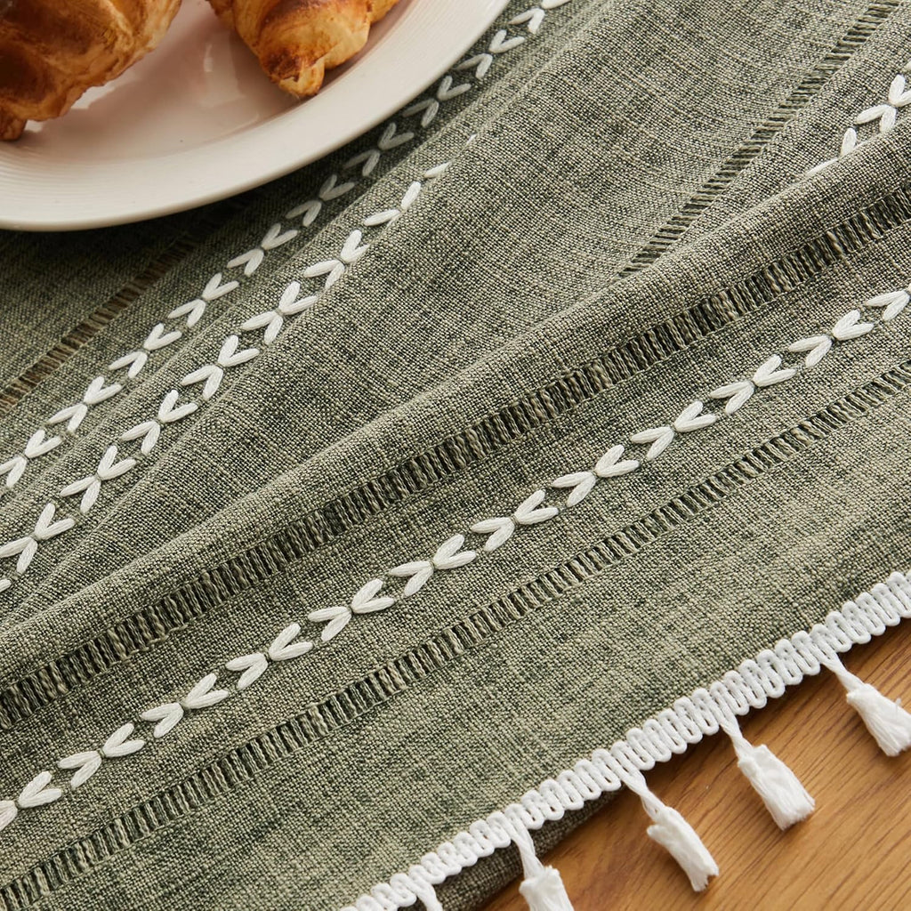 Hemstitched Embroidery Striped Boho Tablecloth 54x70 Inch Olive, Heavy Weight Farmhouse Burlap Linen