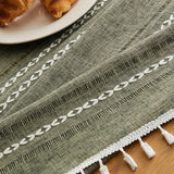 Hemstitched Embroidery Striped Boho Tablecloth 60 Inch Round Olive, Heavy Weight Farmhouse Burlap Li