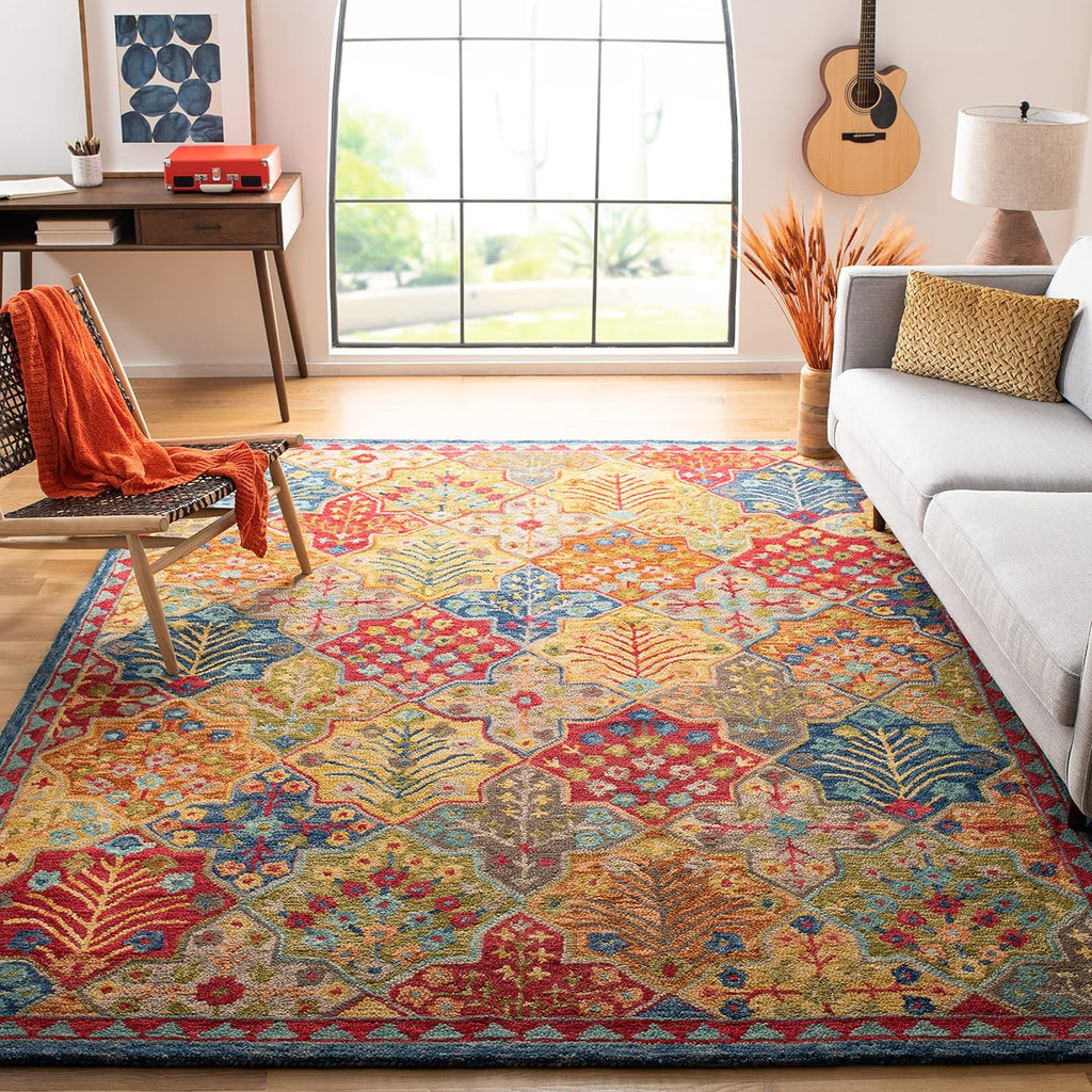 Aspen Area Rug - 10' x 14', Blue & Orange, Handmade Boho Wool